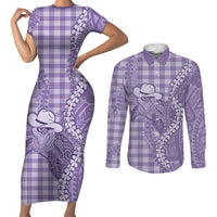 Purple Hawaii Palaka Cowboy Turtle Couples Matching Short Sleeve Bodycon Dress and Long Sleeve Button Shirt Hawaiian Paniolo Puakenikeni Maile Lei - Polynesian Pride