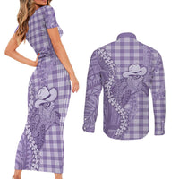 Purple Hawaii Palaka Cowboy Turtle Couples Matching Short Sleeve Bodycon Dress and Long Sleeve Button Shirt Hawaiian Paniolo Puakenikeni Maile Lei - Polynesian Pride