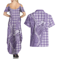 Purple Hawaii Palaka Cowboy Turtle Couples Matching Summer Maxi Dress and Hawaiian Shirt Hawaiian Paniolo Puakenikeni Maile Lei - Polynesian Pride