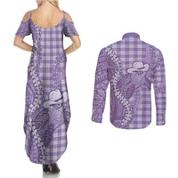 Purple Hawaii Palaka Cowboy Turtle Couples Matching Summer Maxi Dress and Long Sleeve Button Shirt Hawaiian Paniolo Puakenikeni Maile Lei - Polynesian Pride