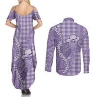 Purple Hawaii Palaka Cowboy Turtle Couples Matching Summer Maxi Dress and Long Sleeve Button Shirt Hawaiian Paniolo Puakenikeni Maile Lei - Polynesian Pride