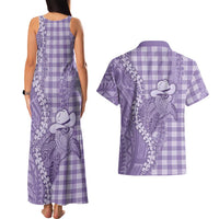 Purple Hawaii Palaka Cowboy Turtle Couples Matching Tank Maxi Dress and Hawaiian Shirt Hawaiian Paniolo Puakenikeni Maile Lei - Polynesian Pride