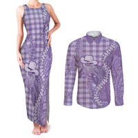 Purple Hawaii Palaka Cowboy Turtle Couples Matching Tank Maxi Dress and Long Sleeve Button Shirt Hawaiian Paniolo Puakenikeni Maile Lei - Polynesian Pride