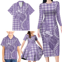 Purple Hawaii Palaka Cowboy Turtle Family Matching Long Sleeve Bodycon Dress and Hawaiian Shirt Hawaiian Paniolo Puakenikeni Maile Lei - Polynesian Pride