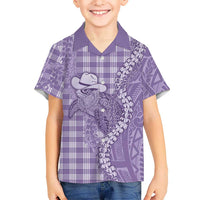 Purple Hawaii Palaka Cowboy Turtle Family Matching Off The Shoulder Long Sleeve Dress and Hawaiian Shirt Hawaiian Paniolo Puakenikeni Maile Lei - Polynesian Pride