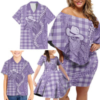 Purple Hawaii Palaka Cowboy Turtle Family Matching Off Shoulder Short Dress and Hawaiian Shirt Hawaiian Paniolo Puakenikeni Maile Lei - Polynesian Pride