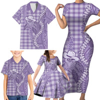Purple Hawaii Palaka Cowboy Turtle Family Matching Short Sleeve Bodycon Dress and Hawaiian Shirt Hawaiian Paniolo Puakenikeni Maile Lei - Polynesian Pride