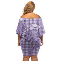Purple Hawaii Palaka Cowboy Turtle Off Shoulder Short Dress Hawaiian Paniolo Puakenikeni Maile Lei - Polynesian Pride