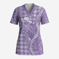 Purple Hawaii Palaka Cowboy Turtle Scrub Top Hawaiian Paniolo Puakenikeni Maile Lei - Polynesian Pride