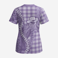Purple Hawaii Palaka Cowboy Turtle Scrub Top Hawaiian Paniolo Puakenikeni Maile Lei - Polynesian Pride