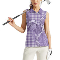 Purple Hawaii Palaka Cowboy Turtle Women Sleeveless Polo Shirt Hawaiian Paniolo Puakenikeni Maile Lei - Polynesian Pride