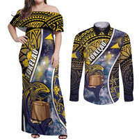 Personalised Tokelau Couples Matching Off Shoulder Maxi Dress and Long Sleeve Button Shirt National Badge Waves Style