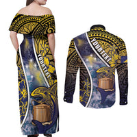 Personalised Tokelau Couples Matching Off Shoulder Maxi Dress and Long Sleeve Button Shirt National Badge Waves Style