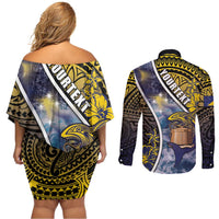 Personalised Tokelau Couples Matching Off Shoulder Short Dress and Long Sleeve Button Shirt National Badge Waves Style