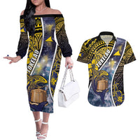 Personalised Tokelau Couples Matching Off The Shoulder Long Sleeve Dress and Hawaiian Shirt National Badge Waves Style