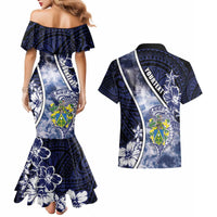 Personalised Pitcairn Islands Couples Matching Mermaid Dress and Hawaiian Shirt Coat Of Arms Waves Style