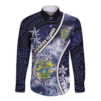 Personalised Pitcairn Islands Long Sleeve Button Shirt Coat Of Arms Waves Style