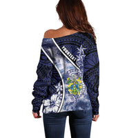 Personalised Pitcairn Islands Off Shoulder Sweater Coat Of Arms Waves Style