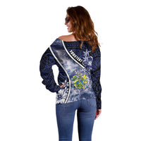 Personalised Pitcairn Islands Off Shoulder Sweater Coat Of Arms Waves Style