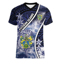 Personalised Pitcairn Islands Women V-Neck T-Shirt Coat Of Arms Waves Style