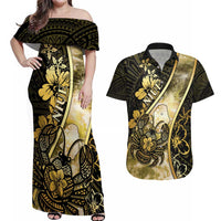 Personalised Niue Couples Matching Off Shoulder Maxi Dress and Hawaiian Shirt Niuean Crab Waves Style