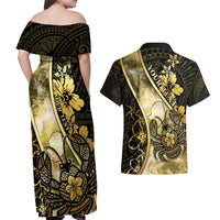 Personalised Niue Couples Matching Off Shoulder Maxi Dress and Hawaiian Shirt Niuean Crab Waves Style