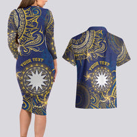 Personalised Nauru Couples Matching Long Sleeve Bodycon Dress and Hawaiian Shirt Hibiscus Polynesian Tribal Pattern