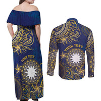 Personalised Nauru Couples Matching Off Shoulder Maxi Dress and Long Sleeve Button Shirt Hibiscus Polynesian Tribal Pattern