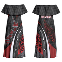 Aotearoa New Zealand Native Birds Map Family Matching Off Shoulder Maxi Dress and Hawaiian Shirt Silver Fern Tribal Pattern DT05 Mom's Dress Red - Polynesian Pride