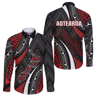 Aotearoa New Zealand Native Birds Map Family Matching Tank Maxi Dress and Hawaiian Shirt Silver Fern Tribal Pattern DT05 Dad's Shirt - Long Sleeve Red - Polynesian Pride