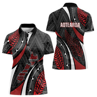Aotearoa New Zealand Native Birds Map Women Polo Shirt Silver Fern Tribal Pattern