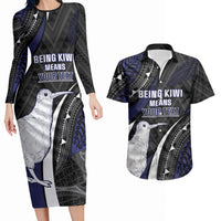Personalised New Zealand Kiwi Couples Matching Long Sleeve Bodycon Dress and Hawaiian Shirt Silver Fern Tribal Pattern DT05 Navy - Polynesian Pride
