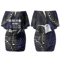Personalised New Zealand Kiwi Couples Matching Off Shoulder Short Dress and Hawaiian Shirt Silver Fern Tribal Pattern DT05 - Polynesian Pride
