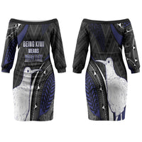 Personalised New Zealand Kiwi Couples Matching Off The Shoulder Long Sleeve Dress and Hawaiian Shirt Silver Fern Tribal Pattern DT05 - Polynesian Pride