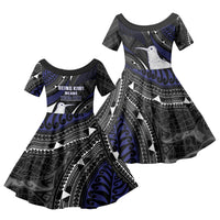 Personalised New Zealand Kiwi Family Matching Long Sleeve Bodycon Dress and Hawaiian Shirt Silver Fern Tribal Pattern DT05 Daughter's Dress Navy - Polynesian Pride
