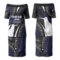 Personalised New Zealand Kiwi Family Matching Puletasi and Hawaiian Shirt Silver Fern Tribal Pattern DT05 Mom's Dress Navy - Polynesian Pride
