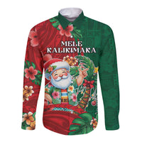 Hawaii Christmas Long Sleeve Button Shirt Mele Kalikimaka Funny Hawaiian Santa DT05 Unisex Green - Polynesian Pride