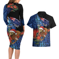 Personalised New Zealand Christmas Couples Matching Long Sleeve Bodycon Dress and Hawaiian Shirt Santa Kiwi Bird With Pohutukawa Flowers - Polynesian Pride