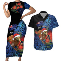 Personalised New Zealand Christmas Couples Matching Short Sleeve Bodycon Dress and Hawaiian Shirt Santa Kiwi Bird With Pohutukawa Flowers - Polynesian Pride