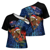Personalised New Zealand Christmas Cross Shoulder Shirt Santa Kiwi Bird With Pohutukawa Flowers - Polynesian Pride