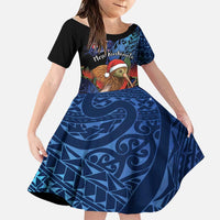 Personalised New Zealand Christmas Family Matching Off The Shoulder Long Sleeve Dress and Hawaiian Shirt Santa Kiwi Bird With Pohutukawa Flowers DT05 Daughter's Dress Navy - Polynesian Pride