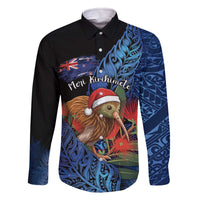 Personalised New Zealand Christmas Family Matching Off The Shoulder Long Sleeve Dress and Hawaiian Shirt Santa Kiwi Bird With Pohutukawa Flowers - Polynesian Pride