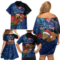 Personalised New Zealand Christmas Family Matching Off Shoulder Short Dress and Hawaiian Shirt Santa Kiwi Bird With Pohutukawa Flowers - Polynesian Pride