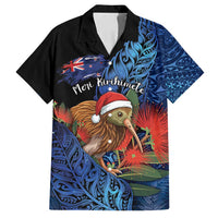 Personalised New Zealand Christmas Family Matching Off Shoulder Short Dress and Hawaiian Shirt Santa Kiwi Bird With Pohutukawa Flowers - Polynesian Pride