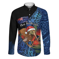 Personalised New Zealand Christmas Family Matching Puletasi and Hawaiian Shirt Santa Kiwi Bird With Pohutukawa Flowers DT05 Dad's Shirt - Long Sleeve Navy - Polynesian Pride