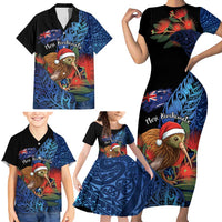 Personalised New Zealand Christmas Family Matching Short Sleeve Bodycon Dress and Hawaiian Shirt Santa Kiwi Bird With Pohutukawa Flowers DT05 - Polynesian Pride