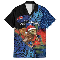 Personalised New Zealand Christmas Family Matching Short Sleeve Bodycon Dress and Hawaiian Shirt Santa Kiwi Bird With Pohutukawa Flowers DT05 Dad's Shirt - Short Sleeve Navy - Polynesian Pride