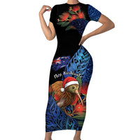 Personalised New Zealand Christmas Family Matching Short Sleeve Bodycon Dress and Hawaiian Shirt Santa Kiwi Bird With Pohutukawa Flowers - Polynesian Pride