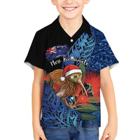 Personalised New Zealand Christmas Family Matching Tank Maxi Dress and Hawaiian Shirt Santa Kiwi Bird With Pohutukawa Flowers DT05 Son's Shirt Navy - Polynesian Pride