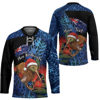 Personalised New Zealand Christmas Hockey Jersey Santa Kiwi Bird With Pohutukawa Flowers - Polynesian Pride